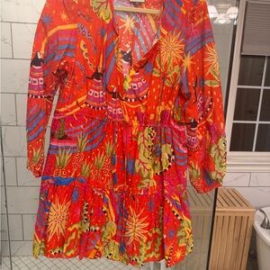 Farm Rio Magic Garden Vibrant Red Multi-Print Tiered Mini Dress Medium